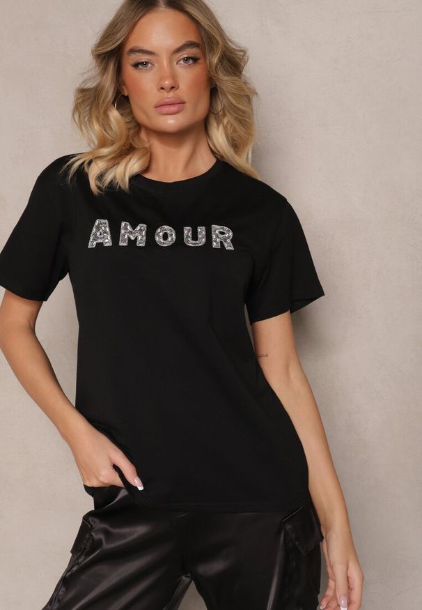 Renee - Czarny Bawełniany T-shirt z Napisem z Cekinami Marivinna. Okazja: na co dzień. Kolor: czarny. Materiał: bawełna. Wzór: napisy. Styl: elegancki, klasyczny, casual