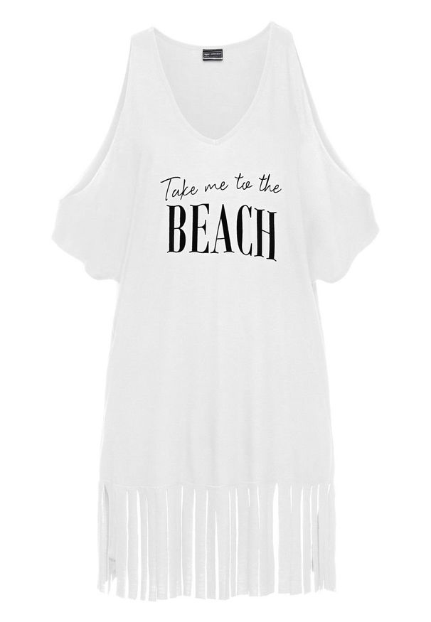 Shirt plażowy z wycięciami i frędzlami bonprix biały. Okazja: na plażę. Kolor: biały