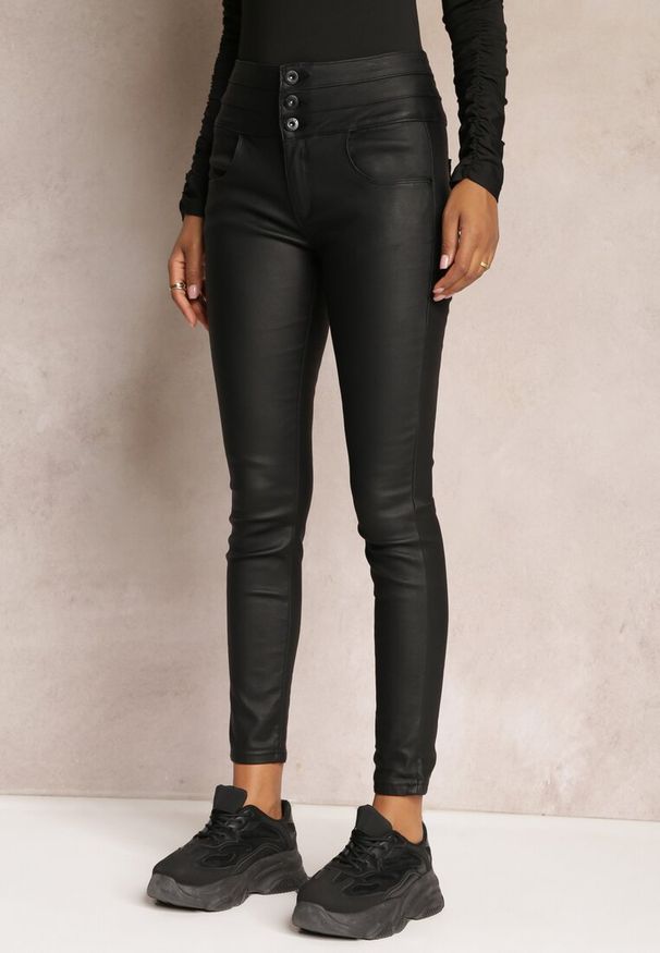 Renee - Czarne Spodnie High Waist Skinny z Ekoskóry Opmin. Stan: podwyższony. Kolor: czarny