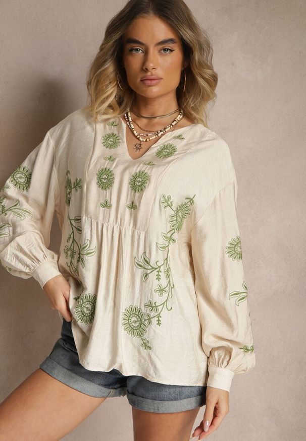 Renee - Beżowa Bluzka z Wiskozą i Haftowanym Wzorem Novalisse. Okazja: na co dzień. Kolor: beżowy. Materiał: wiskoza. Wzór: haft. Styl: casual, elegancki