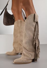 Renee - Ciemnobeżowe Kozaki Kowbojki na Stożku z Cholewką Imitującą Nogawkę z Frędzlami Monettea. Kolor: beżowy. Materiał: jeans. Szerokość cholewki: normalna. Obcas: na stożku #5
