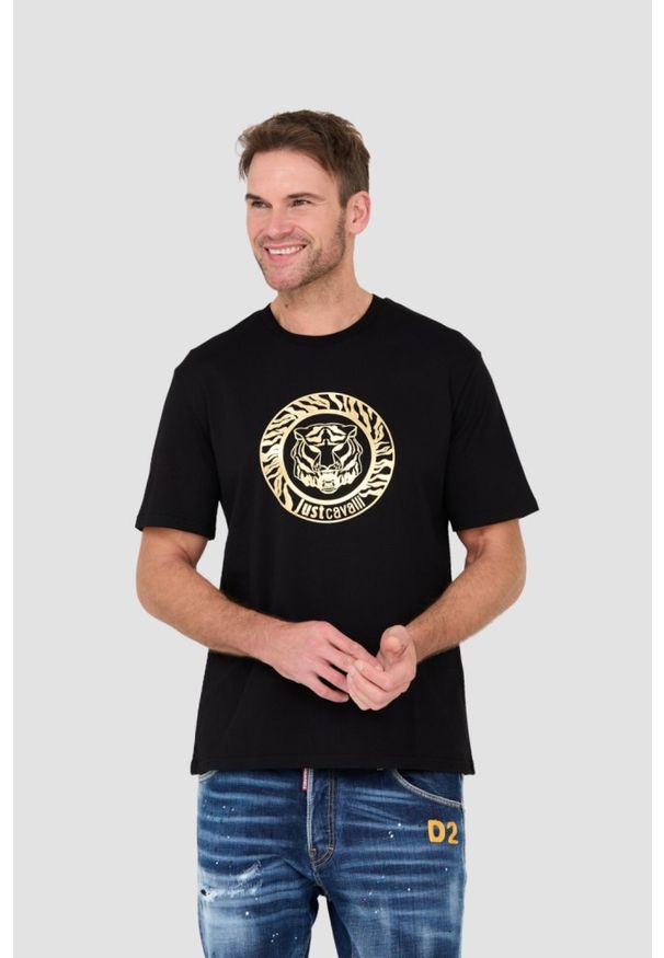 Just Cavalli - JUST CAVALLI Czarny t-shirt T-round Gold. Kolor: czarny