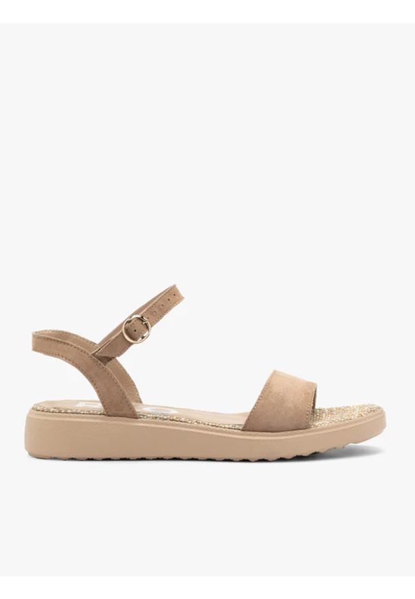 Ryłko - Beżowe sandały damskie. Okazja: na co dzień. Zapięcie: sprzączka. Kolor: beżowy. Materiał: skóra, welur. Styl: casual, street, klasyczny, elegancki