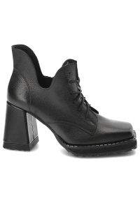 Czarne Botki Exquisite Modne Skórzane Buty Damskie. Kolor: czarny. Materiał: skóra. Wzór: geometria. Styl: klasyczny, elegancki