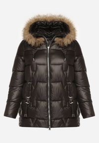 Born2be - Czarna Kurtka z Pikowanymi Przeszyciami i Kapturem z Futrem Azinga. Okazja: na spacer. Typ kołnierza: golf. Kolekcja: plus size. Kolor: czarny. Materiał: futro. Styl: elegancki #7