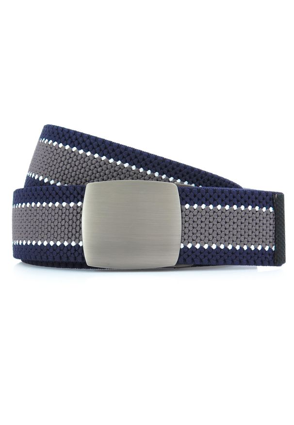 Modini - Szaro-granatowy elastyczny pasek do spodni z automatyczną klamrą PT12. Kolor: szary, wielokolorowy, niebieski. Materiał: guma