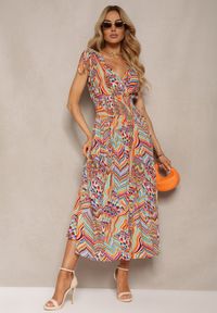 Renee - Żółto-Niebieska Boho Sukienka o Rozkloszowanym Kroju z Dekoltem w Serek i Gumką w Pasie Heteri. Okazja: na co dzień. Typ kołnierza: dekolt w serek. Kolor: żółty. Materiał: bawełna, tkanina. Styl: boho #5