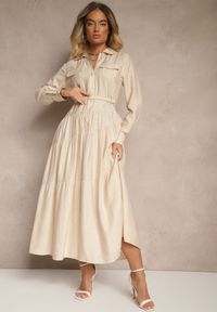 Renee - Beżowa Rozkloszowana Sukienka z Wiskozy z Guzikami i Paskiem Ronesa. Okazja: na co dzień. Kolor: beżowy. Materiał: wiskoza. Typ sukienki: proste. Styl: elegancki, casual