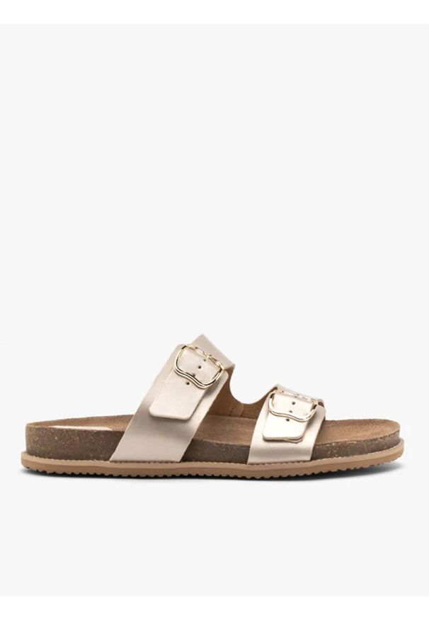 Ryłko - Platynowe płaskie klapki damskie. Kolor: szary. Materiał: skóra. Wzór: aplikacja, paski. Styl: street