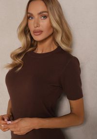 Renee - Brązowy Sweter Ozdobiony Ściągaczami Sanallia. Okazja: na co dzień. Kolor: brązowy. Materiał: jeans. Wzór: aplikacja. Styl: klasyczny, elegancki, casual #5