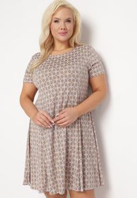 Born2be - Brązowo-Beżowa Rozkloszowana Sukienka Mini z Elastycznej Wiskozy Annamarie. Kolor: brązowy. Materiał: wiskoza. Długość: mini #4