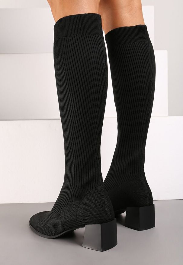 Born2be - Czarne Kozaki z Elastyczną Cholewką Melaste. Okazja: na co dzień. Kolor: czarny. Materiał: skóra, dzianina. Szerokość cholewki: normalna. Styl: klasyczny, casual