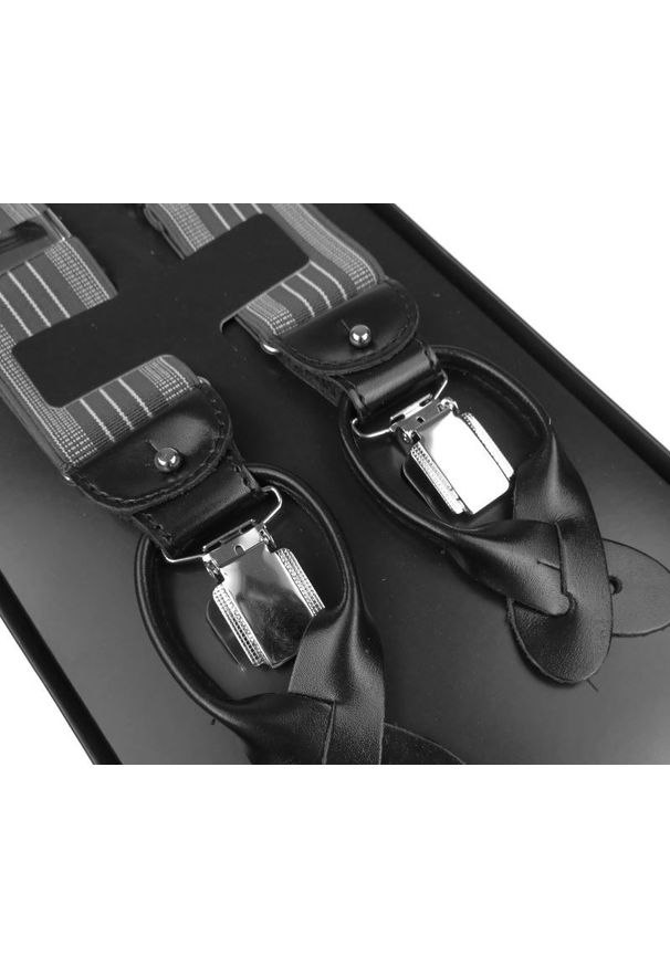 Modini - Szelki do spodni na guziki - szare z białymi paskami G24. Kolor: szary, biały, wielokolorowy. Materiał: skóra, guma