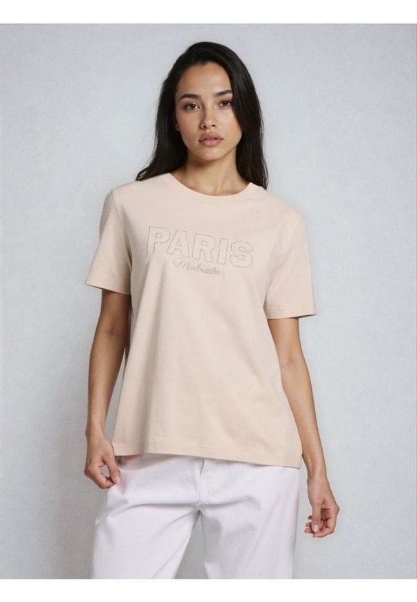 Sinsay - Bawełniana koszulka z nadrukiem - kremowy. Kolor: kremowy. Materiał: bawełna. Wzór: nadruk