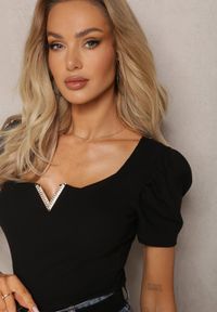 Renee - Czarna Prążkowana Bluzka z Bawełny Ozdobiona Cyrkoniami Kailitha. Kolor: czarny. Materiał: bawełna, prążkowany. Wzór: aplikacja #5