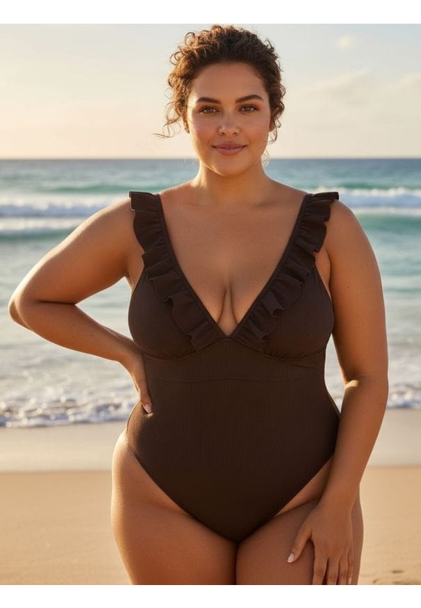 Sinsay - Prążkowany kostium kąpielowy - brązowy. Kolor: brązowy. Materiał: prążkowany