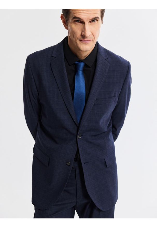 Reserved - Marynarka slim fit w micro kratę - granatowy. Kolor: niebieski. Materiał: tkanina, elastan, wiskoza