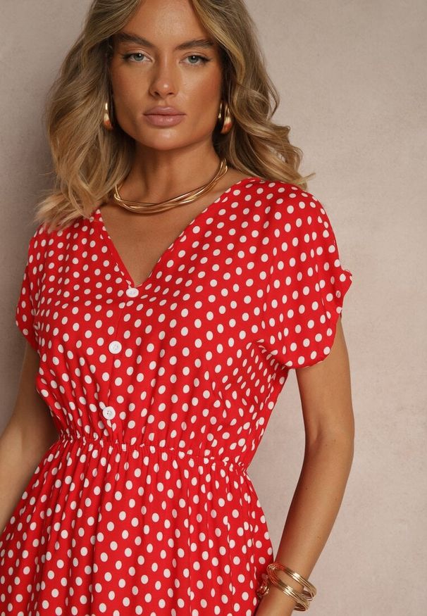 Renee - Czerwona Sukienka z Bawełny o Rozkloszowanym Kroju z Gumką w Talii Emilla. Okazja: na spotkanie biznesowe, na co dzień, do pracy. Kolor: czerwony. Materiał: bawełna. Długość rękawa: krótki rękaw. Typ sukienki: rozkloszowane. Styl: elegancki, biznesowy, casual