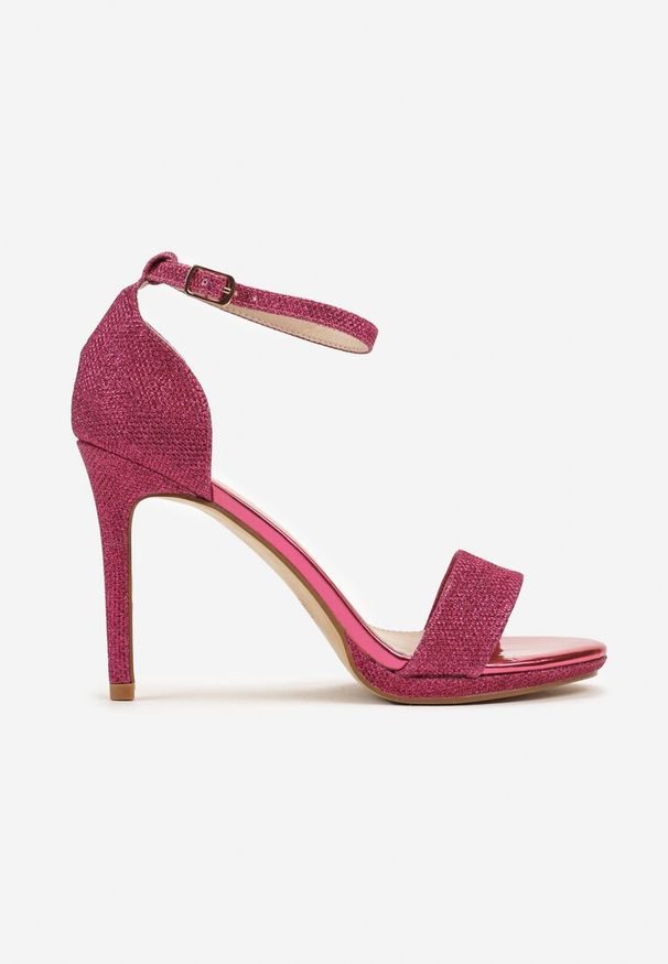 Renee - Fuksjowe Brokatowe Sandały na Szpilce Zapinane Wokół Kostki Mlinaya. Okazja: na co dzień. Kolor: różowy. Materiał: len. Obcas: na szpilce. Styl: casual, elegancki