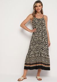Born2be - Czarno-Beżowa Bawełniana Sukienka o Rozkloszowanym Kroju na Cienkich Ramiączkach Nellarra. Kolor: czarny. Materiał: bawełna. Długość rękawa: na ramiączkach. Sezon: lato. Styl: elegancki #5