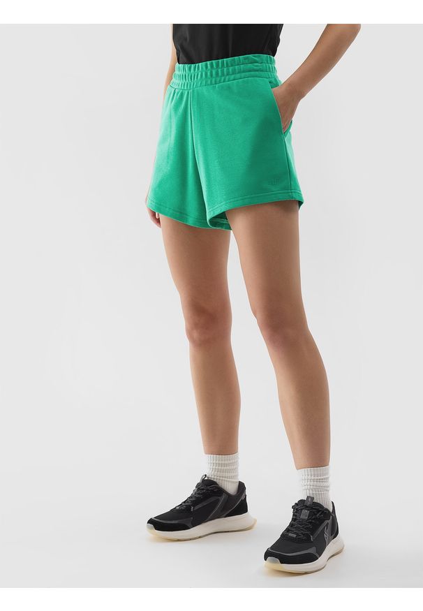 4f - 4F Spodenki dresowe damskie - zielone XS. Kolor: zielony. Materiał: dresówka. Długość: krótkie. Wzór: gładki, ze splotem