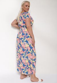 Born2be - Niebiesko-Różowa Bawełniana Sukienka z Gumką w Pasie Zilletta. Okazja: na randkę, na co dzień. Kolor: niebieski. Materiał: bawełna. Styl: casual, klasyczny #5