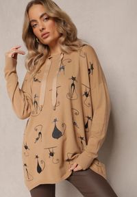 Renee - Beżowy Sweter Ozdobiony Wzorem w Koty i Cyrkoniami o Przedłużonym Fasonie Virre. Kolor: beżowy. Wzór: aplikacja. Sezon: jesień, zima #4