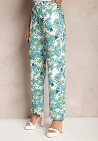 Renee - Niebiesko-Białe Spodnie w Kwiatowy Print High Waist z Szeroką Nogawką Lastaria. Stan: podwyższony. Kolor: niebieski. Materiał: tkanina. Wzór: kwiaty, nadruk
