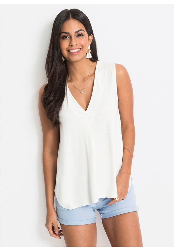 bonprix - Top z miękkiej mieszanki wiskozy. Typ kołnierza: dekolt w serek. Kolor: biały. Materiał: wiskoza. Styl: elegancki