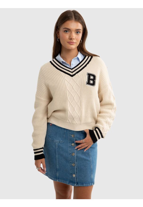 Big-Star - Sweter dziewczęcy w stylu college kremowy Collagia 103. Okazja: na uczelnię, na co dzień. Kolor: biały. Materiał: skóra, bawełna. Wzór: aplikacja. Styl: klasyczny, młodzieżowy, casual