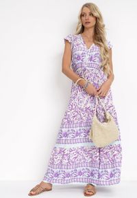 Born2be - Fioletowa Rozkloszowana Sukienka z Gumką w Talii i Guzikami Kambrey. Kolor: fioletowy. Długość rękawa: krótki rękaw. Sezon: wiosna, lato #5