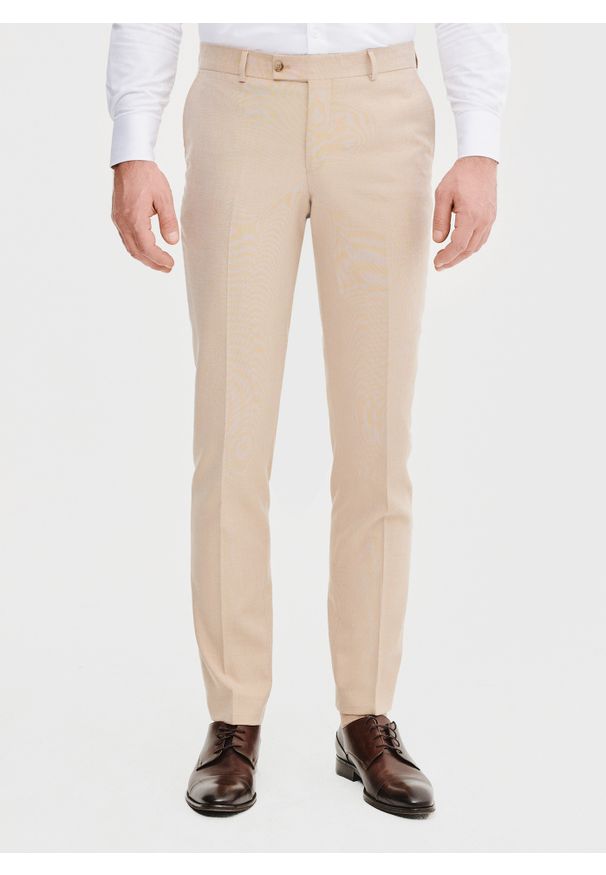 Pako Lorente - PAKO LORENTE – Beżowe spodnie ganiturowe. Kolor: beżowy. Materiał: wiskoza, poliester, elastan. Wzór: gładki. Styl: elegancki