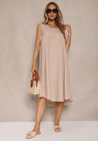Renee - Beżowa Basicowa Sukienka o Rozkloszowanym Kroju Mevolira. Kolor: beżowy. Materiał: tkanina. Sezon: lato #4