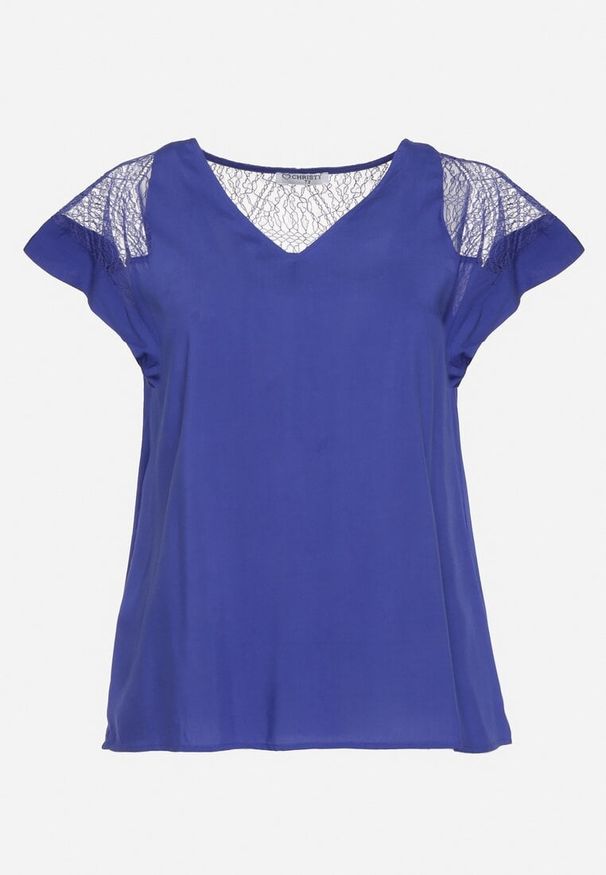 Born2be - Granatowa Bluzka z Wiskozy z Koronką na Rękawach i Plecach Valentia. Kolor: niebieski. Materiał: koronka, wiskoza. Długość rękawa: krótki rękaw. Długość: krótkie. Wzór: koronka
