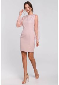 Sukienki.shop - Sukienka na wesele wieczorowa z bufiastymi rękawami z siateczki różowa. Okazja: na ślub cywilny, na wesele. Kolor: różowy. Długość rękawa: długi rękaw. Styl: wizytowy. Długość: mini #4