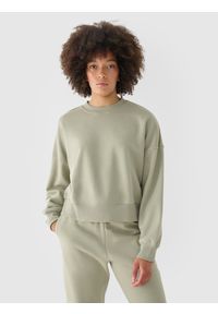 4f - 4F Bluza dresowa oversize nierozpinana bez kaptura damska - oliwkowa L. Okazja: na co dzień. Typ kołnierza: bez kaptura. Kolor: oliwkowy, wielokolorowy, brązowy. Materiał: dresówka. Wzór: ze splotem, gładki. Styl: sportowy, klasyczny, casual #1