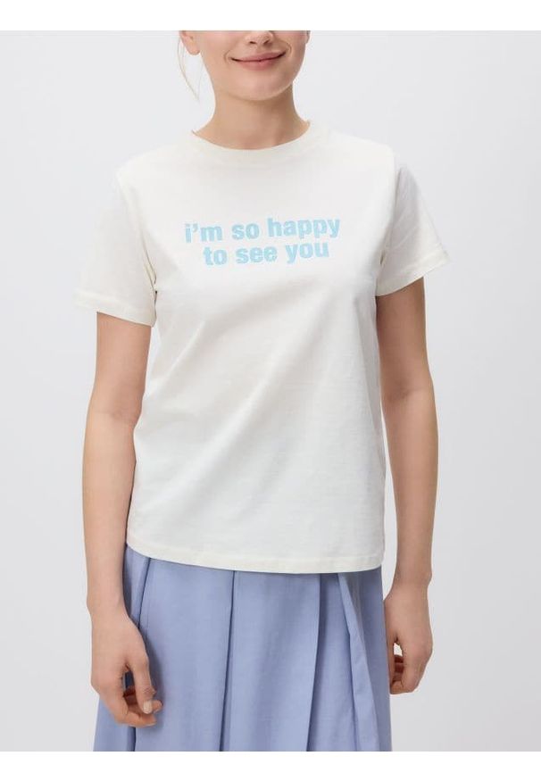 Reserved - T-shirt z nadrukiem - złamana biel. Materiał: dzianina, bawełna. Wzór: nadruk