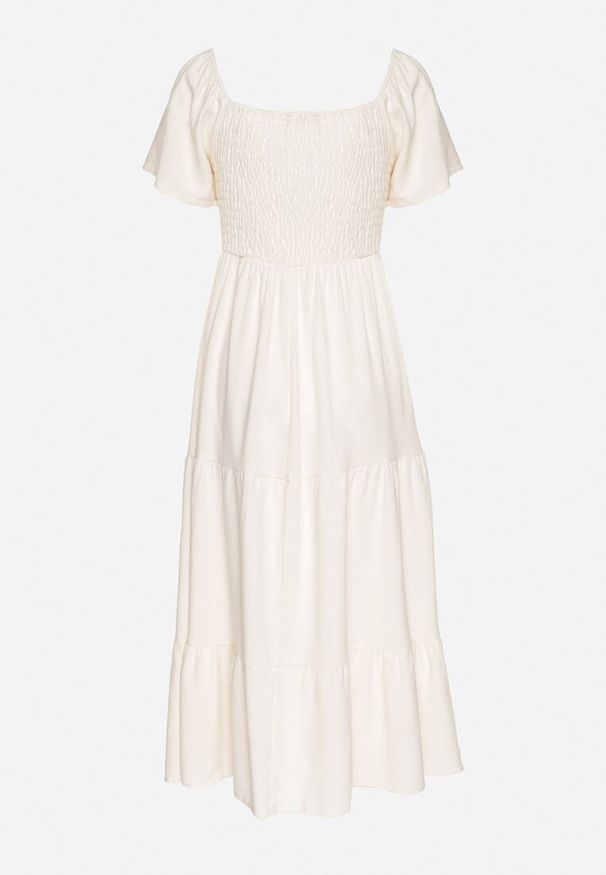 Born2be - Jasnobeżowa Sukienka z Wiskozą Lnem i Elastyczną Górą Ellisena. Okazja: na co dzień, na spacer. Kolor: beżowy. Materiał: len, wiskoza. Typ sukienki: proste. Styl: klasyczny, casual, elegancki