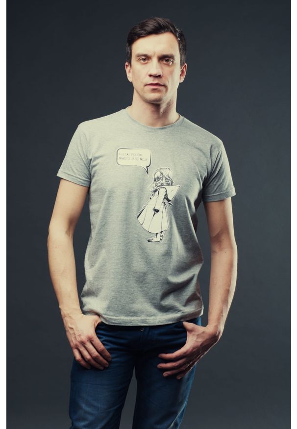 Hultaj Polski - T-shirt MIASTO JEST MOJE męski szary. Okazja: na spacer, do pracy, na uczelnię. Kolor: szary. Materiał: jeans, bawełna