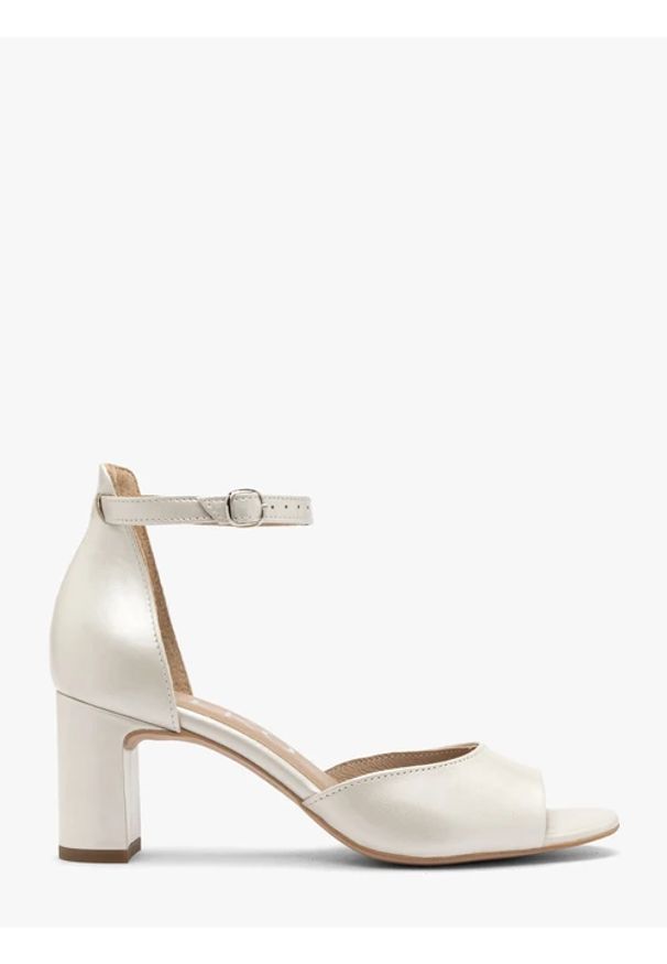 Ryłko - Perłowe sandały damskie na klocku. Okazja: na ślub cywilny, na wesele. Zapięcie: sprzączka. Kolor: beżowy. Materiał: skóra. Obcas: na obcasie. Styl: street, elegancki. Wysokość obcasa: średni