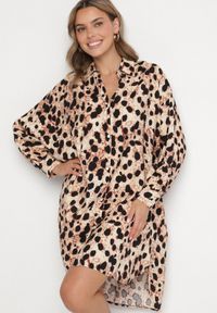 Born2be - Beżowa Wiskozowa Sukienka Koszulowa z Lnem w Panterkę w Stylu Nietoperza Emarille. Okazja: na co dzień. Kolor: beżowy. Materiał: len, wiskoza. Wzór: motyw zwierzęcy. Typ sukienki: koszulowe. Styl: klasyczny, casual #5