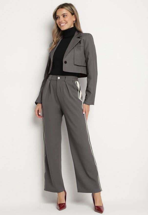 Born2be - Szare Garniturowe Szerokie Spodnie z Wysokim Stanem i Lampasami Belorina. Okazja: na spotkanie biznesowe. Stan: podwyższony. Kolor: szary. Materiał: jedwab. Wzór: aplikacja. Styl: biznesowy, klasyczny, elegancki