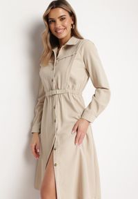Born2be - Beżowa Sukienka Midi z Gumką w Pasie i Dodatkowym Paskiem ze Sprzączką Zawadi. Kolor: beżowy. Styl: elegancki. Długość: midi #2
