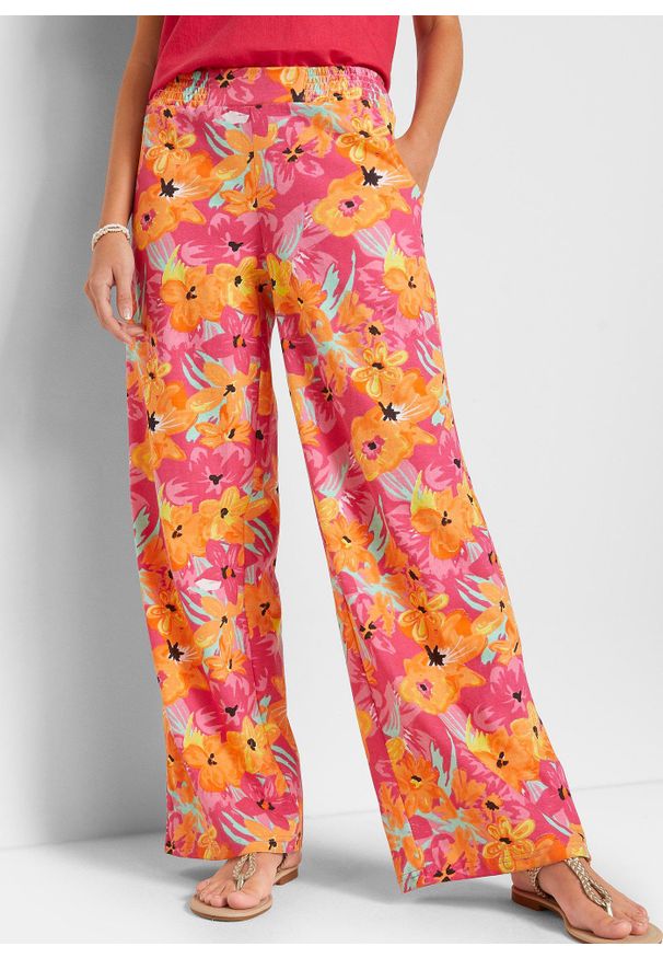 bonprix - Spodnie palazzo z dżerseju, z miękkiej mieszanki wiskozy. Kolor: różowy. Materiał: jersey, wiskoza. Wzór: nadruk