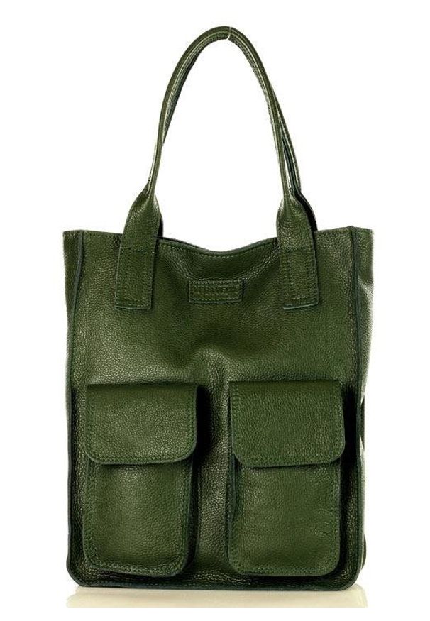 MAZZINI - Torebka Skórzana Typu Shopper z Kieszeniami - Zielony Khaki. Kolor: zielony, brązowy, wielokolorowy. Materiał: skórzane