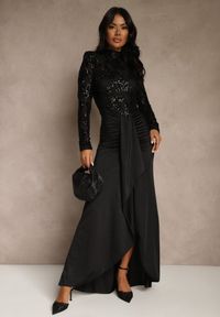 Renee - Czarna Koktajlowa Sukienka z Półgolfem Zdobiona Cekinami i Trenem Nautitune. Kolor: czarny. Wzór: aplikacja. Typ sukienki: oversize. Styl: wizytowy #5