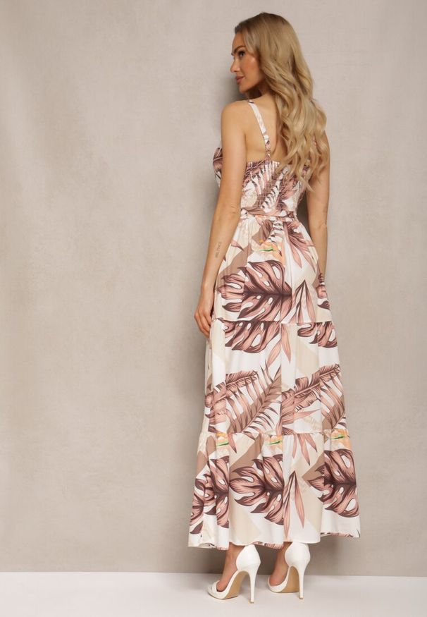 Renee - Beżowa Kopertowa Sukienka Rozkloszowana z Florystycznym Printem i Cienkimi Ramiączkami Jasara. Typ kołnierza: dekolt w kształcie V. Kolor: beżowy. Długość rękawa: na ramiączkach. Wzór: nadruk. Typ sukienki: kopertowe. Styl: elegancki