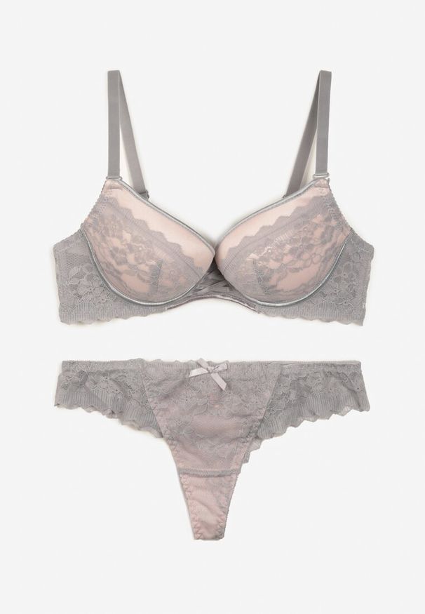 Born2be - Szary Komplet Bielizny Biustonosz Push Up i Stringi z Koronką Aurorra. Kolor: szary. Materiał: koronka. Wzór: koronka