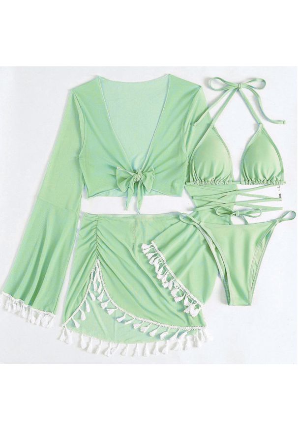 Intica - Komplet bikini z pareo i wielofunkcyjnym topem na plażę Maili. Kolor: zielony. Materiał: materiał. Wzór: aplikacja