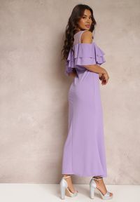 Renee - Fioletowa Sukienka Taliowana z Falbanką Lariphelia. Kolor: fioletowy. Wzór: aplikacja #4